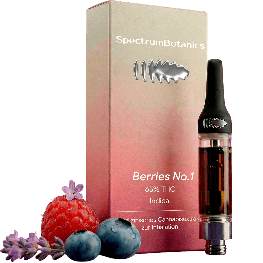 KI-generiertes Bild: SpectrumBotanics Berries No.1 – Verpackung und Kartusche mit Beeren