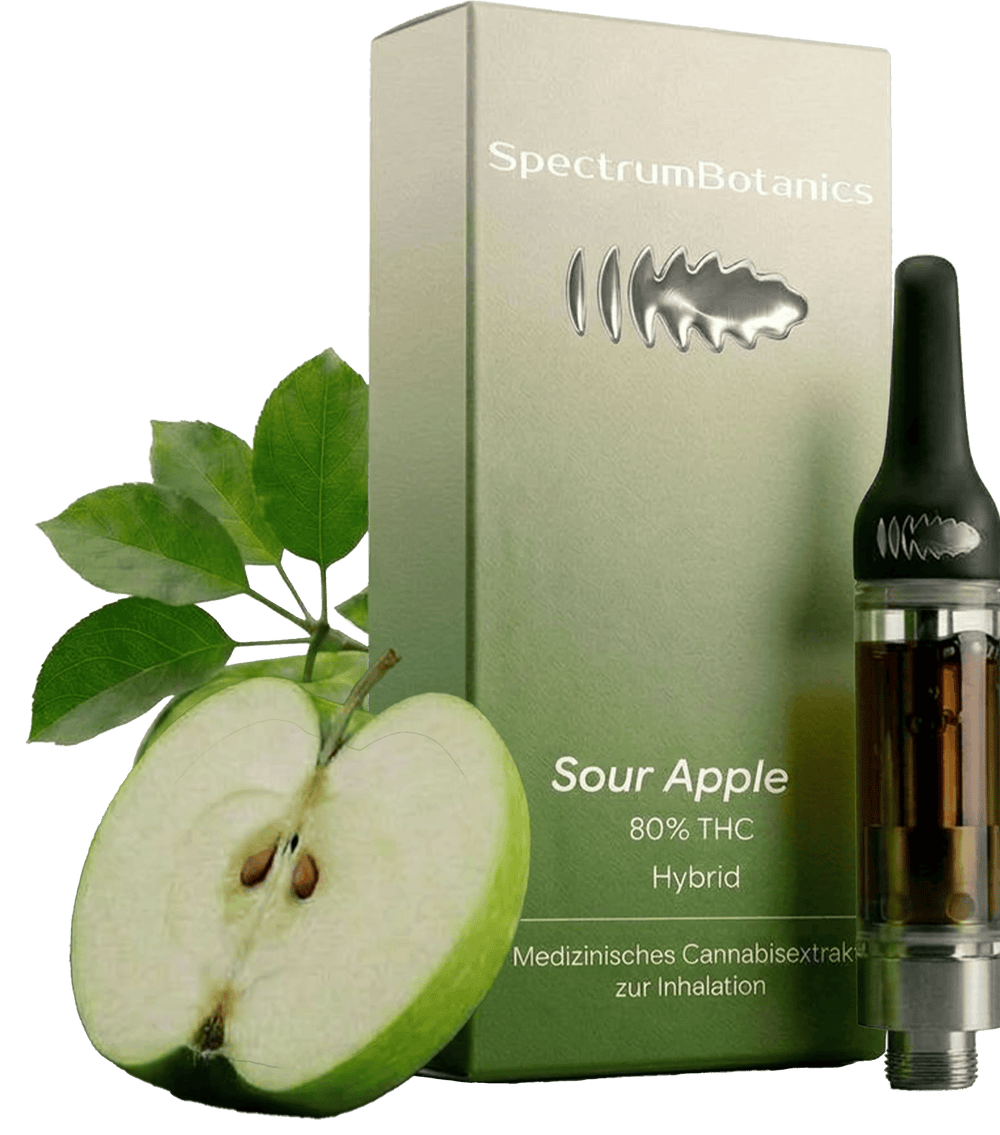 KI-generiertes Bild: SpectrumBotanics Sour Apple – Verpackung und Kartusche mit Äpfeln