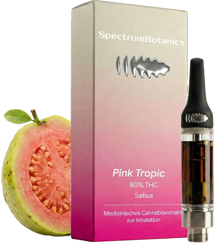 KI-generiertes Bild: SpectrumBotanics Pink Tropic – Verpackung und Kartusche mit Guave