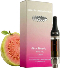 KI-generiertes Bild: SpectrumBotanics Pink Tropic – Verpackung und Kartusche mit Guave