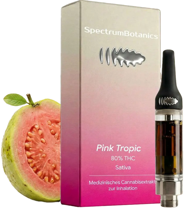 KI-generiertes Bild: SpectrumBotanics Pink Tropic – Verpackung und Kartusche mit Guave