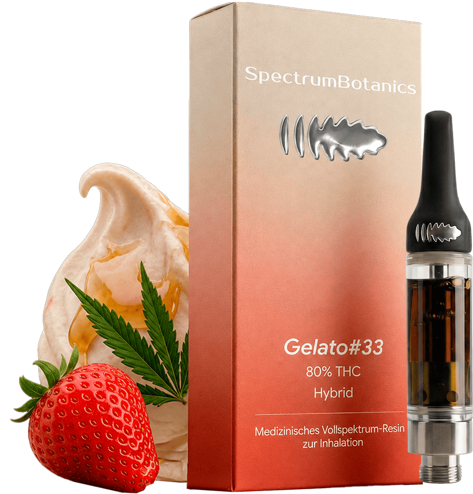 KI-generiertes Bild: SpectrumBotanics Gelato #33 – Verpackung und Kartusche mit Eis und Erdbeeren