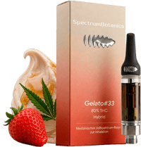 KI-generiertes Bild: SpectrumBotanics Gelato #33 – Verpackung und Kartusche mit Eis und Erdbeeren