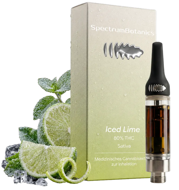KI-generiertes Bild: SpectrumBotanics Iced Lime – Verpackung und Kartusche mit Limetten