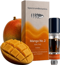 KI-generiertes Bild: SpectrumBotanics Mango No. 2 – Verpackung und Kartusche mit Mango
