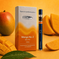 KI-generiertes Bild: SpectrumBotanics Mango No. 2 – Verpackung und Vape Pen mit Mango